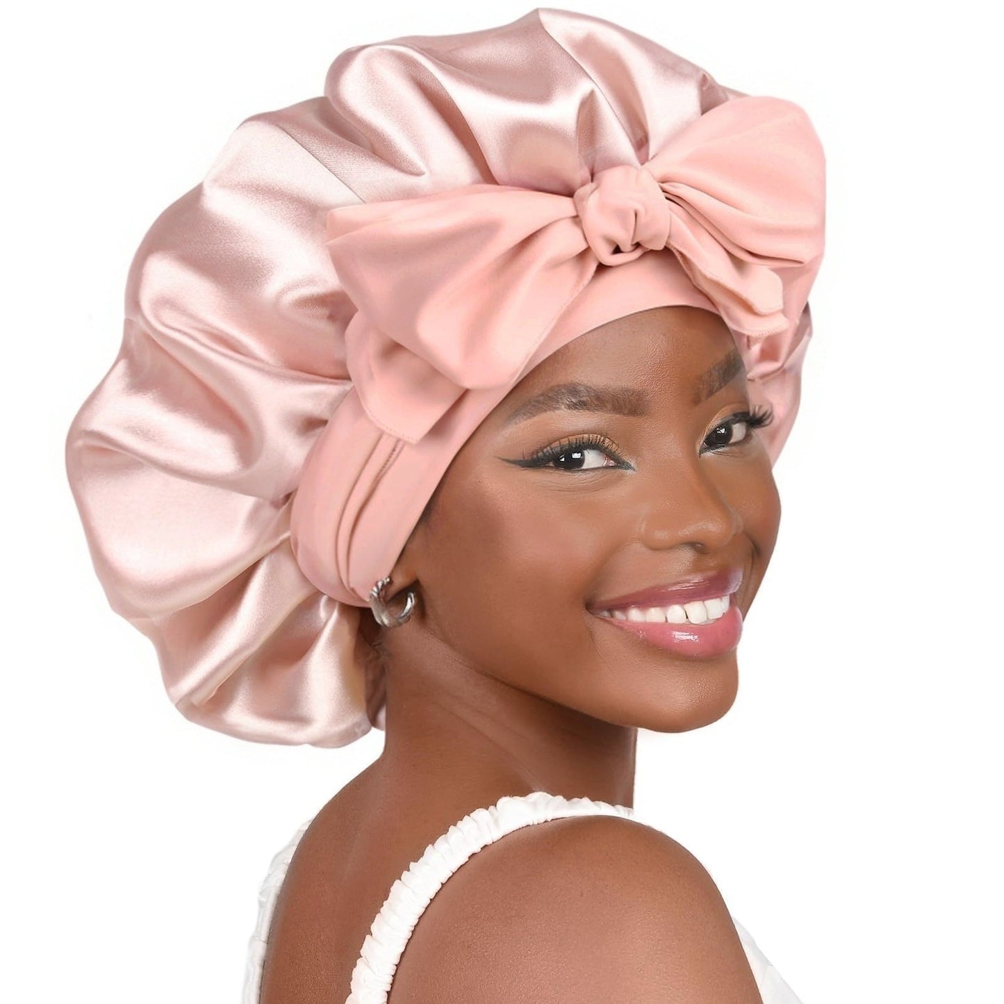 Cross-Border Popular Satin Ribbon Round Hat with Bow, Imitation Silk Beauty and Hair Care Wide-Brimmed Hat, Single-Layer Satin Sleep Cap