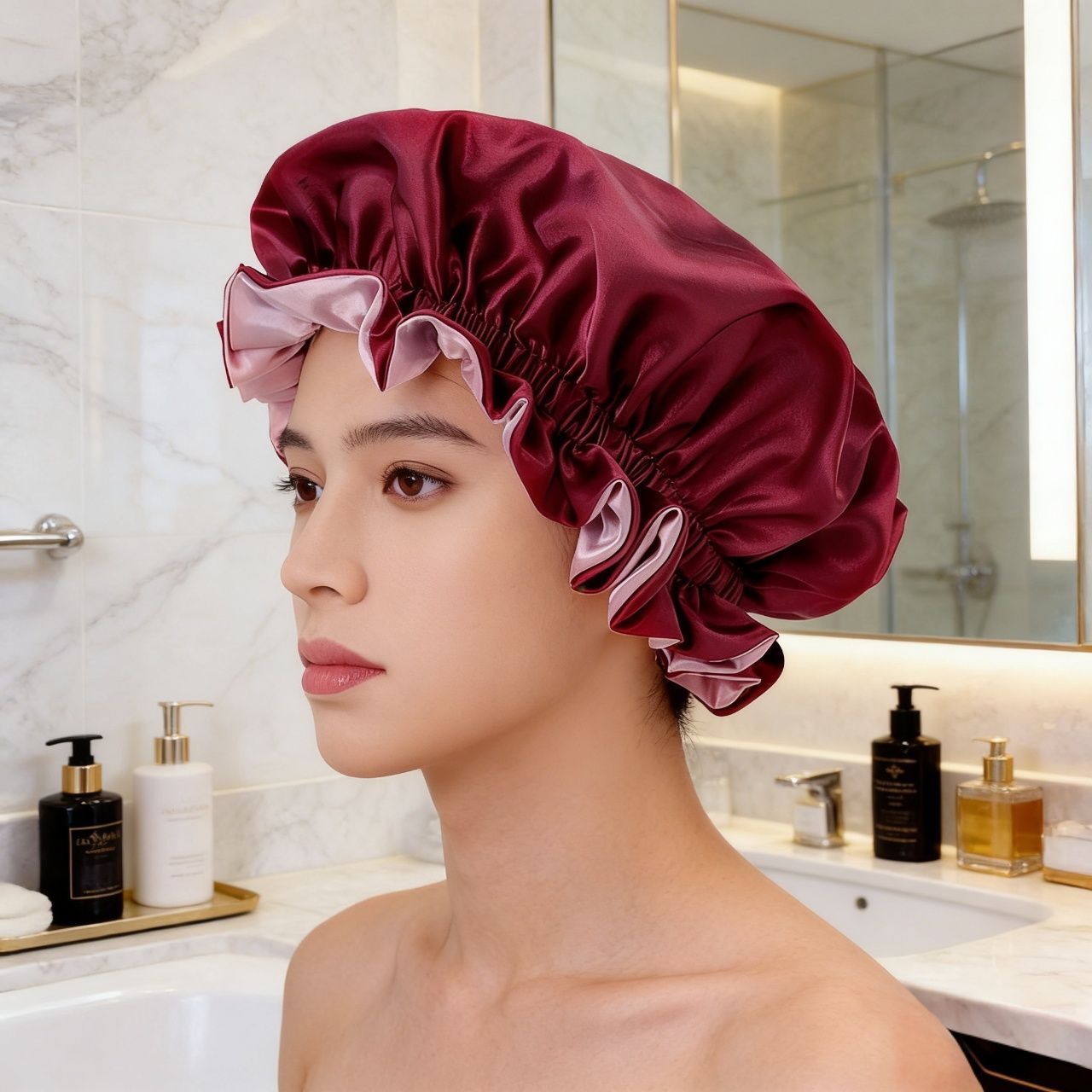 2026 New Style Solid Color Lace Beauty and Hair Care Women's Postpartum Hat Satin Elastic Wide-Brimmed Double-Layer Warm Hat