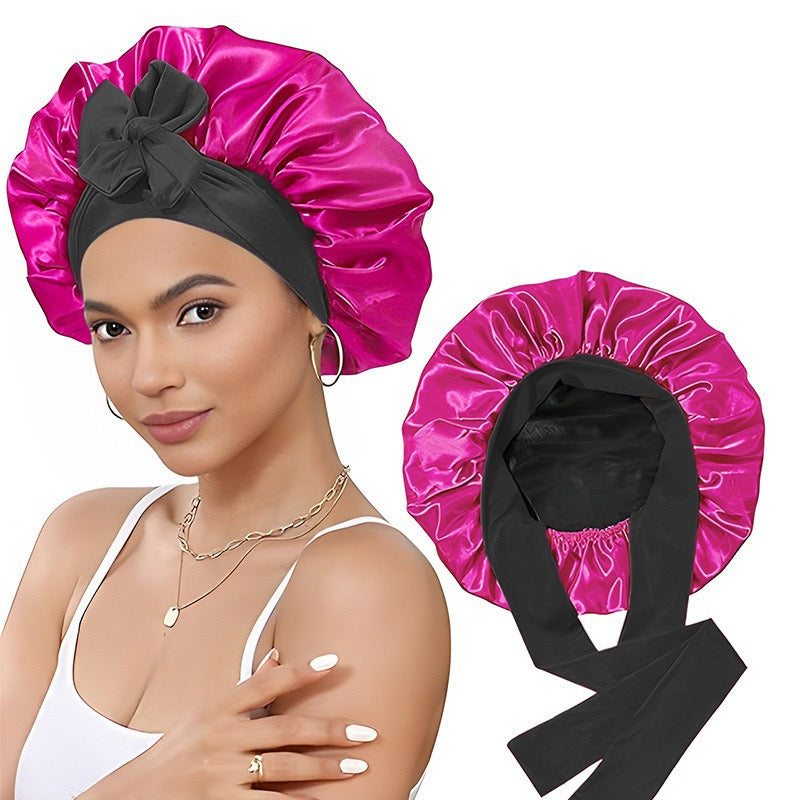 Cross-Border Double-Layer Satin Ribbon Nightcap with Bow Tie Turban Beauty Hair Care Cap for Women Double-Sided Bonnet