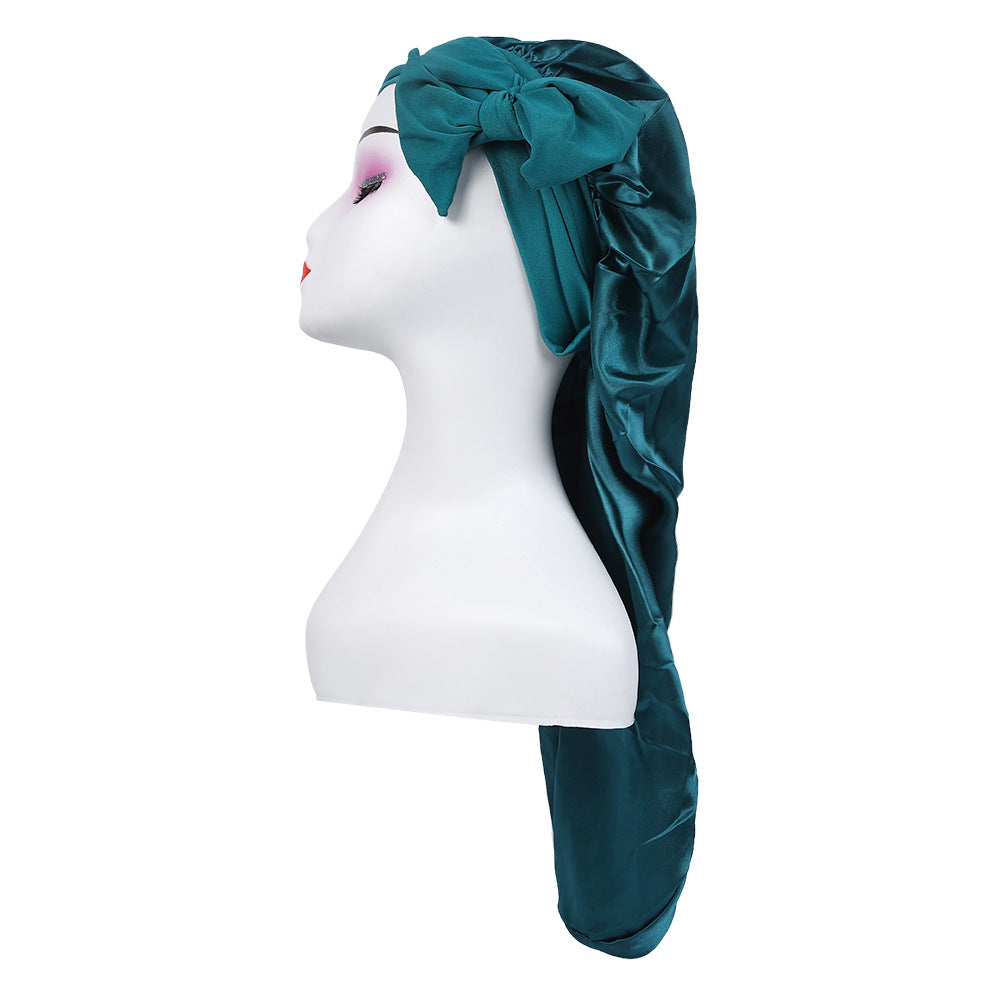 Amazon's New Women's Ribbon Long Hat Satin Nightcap Hairdressing Shower Cap Hair Care Cap Long Tail Turban Hat