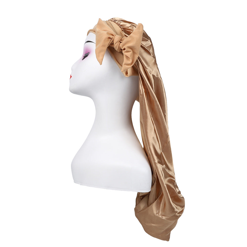Amazon's New Women's Ribbon Long Hat Satin Nightcap Hairdressing Shower Cap Hair Care Cap Long Tail Turban Hat