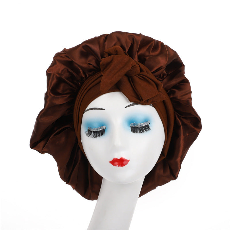 Cross-Border Popular Satin Ribbon Round Hat with Bow, Imitation Silk Beauty and Hair Care Wide-Brimmed Hat, Single-Layer Satin Sleep Cap