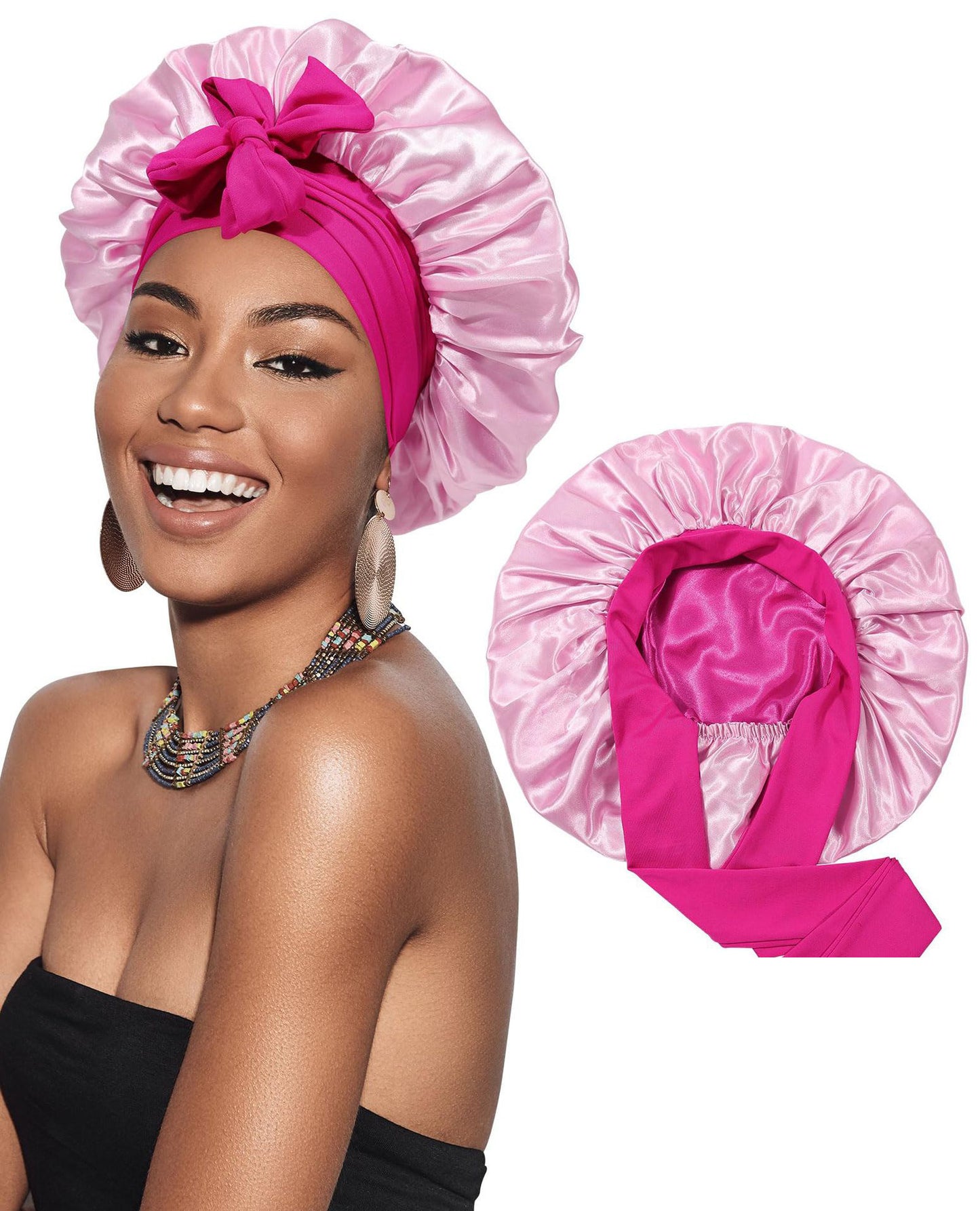 Cross-Border Double-Layer Satin Ribbon Nightcap with Bow Tie Turban Beauty Hair Care Cap for Women Double-Sided Bonnet