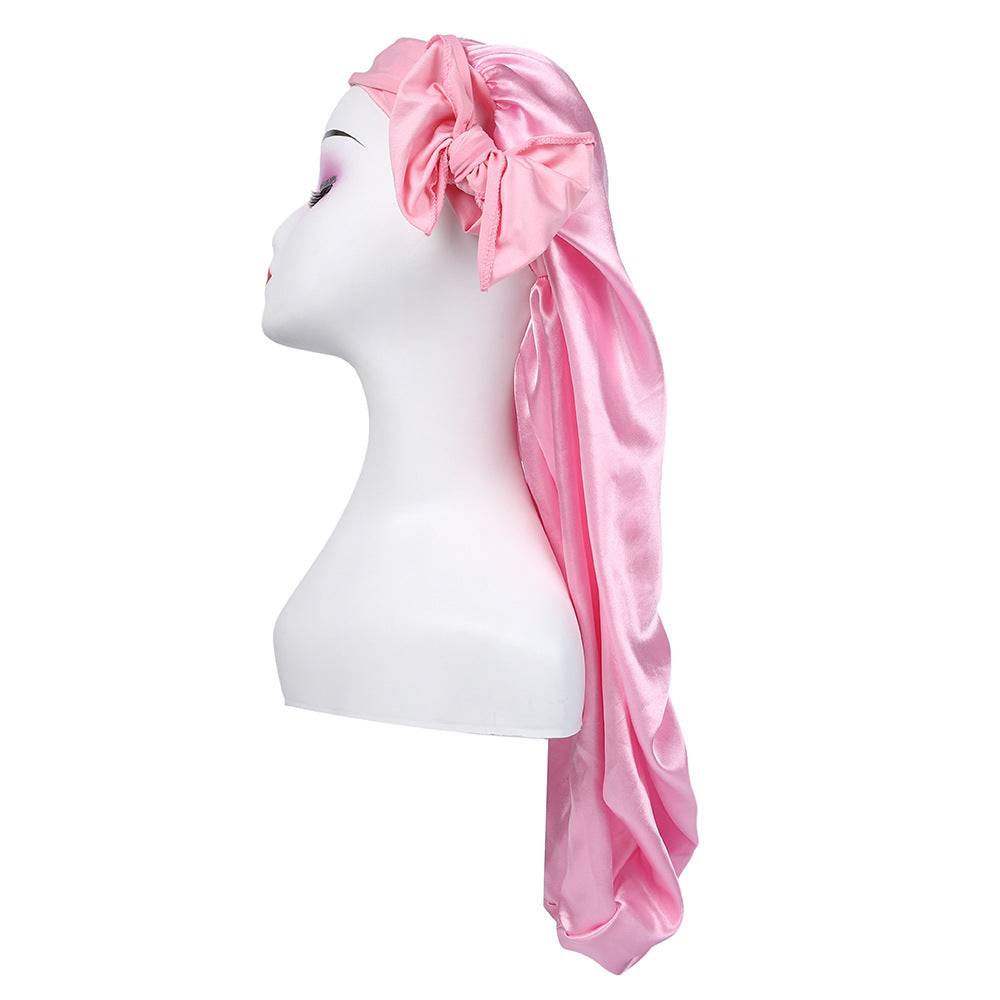 Amazon's New Women's Ribbon Long Hat Satin Nightcap Hairdressing Shower Cap Hair Care Cap Long Tail Turban Hat