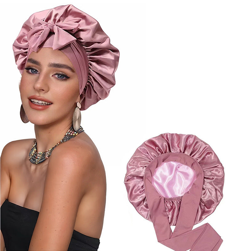 Amazon Double Layer Nightcap Color Ding Hat Women's Elastic Wide-brimmed Hair Care Hat Shower Hat Turban Bow Ribbon Round Hat