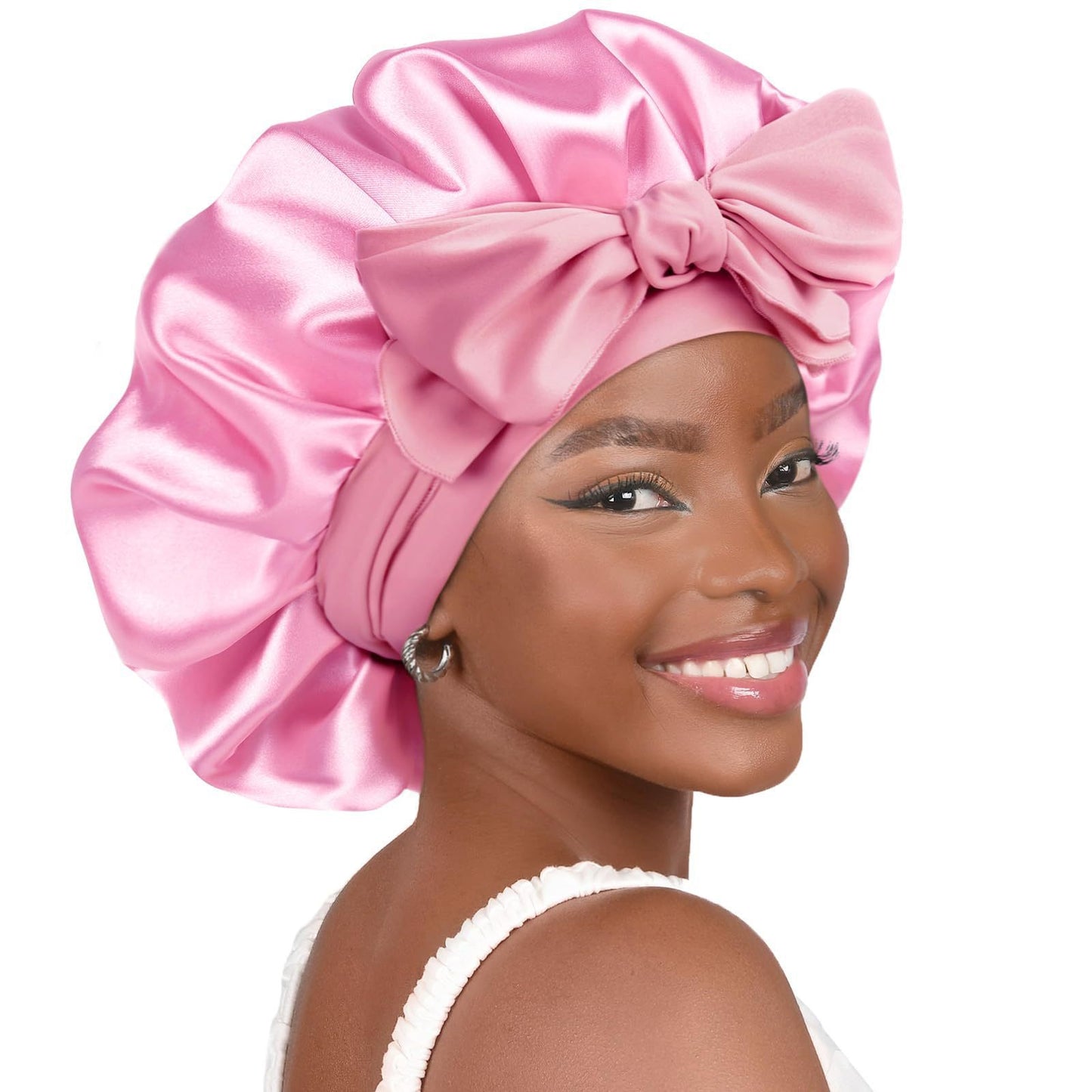 Cross-Border Double-Layer Satin Ribbon Nightcap with Bow Tie Turban Beauty Hair Care Cap for Women Double-Sided Bonnet