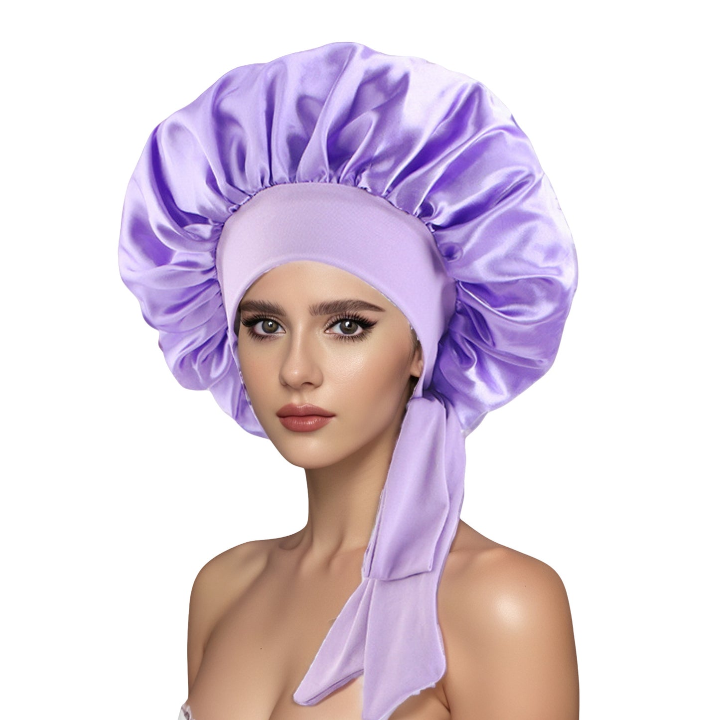 Cross-Border Popular Satin Ribbon Round Hat with Bow, Imitation Silk Beauty and Hair Care Wide-Brimmed Hat, Single-Layer Satin Sleep Cap