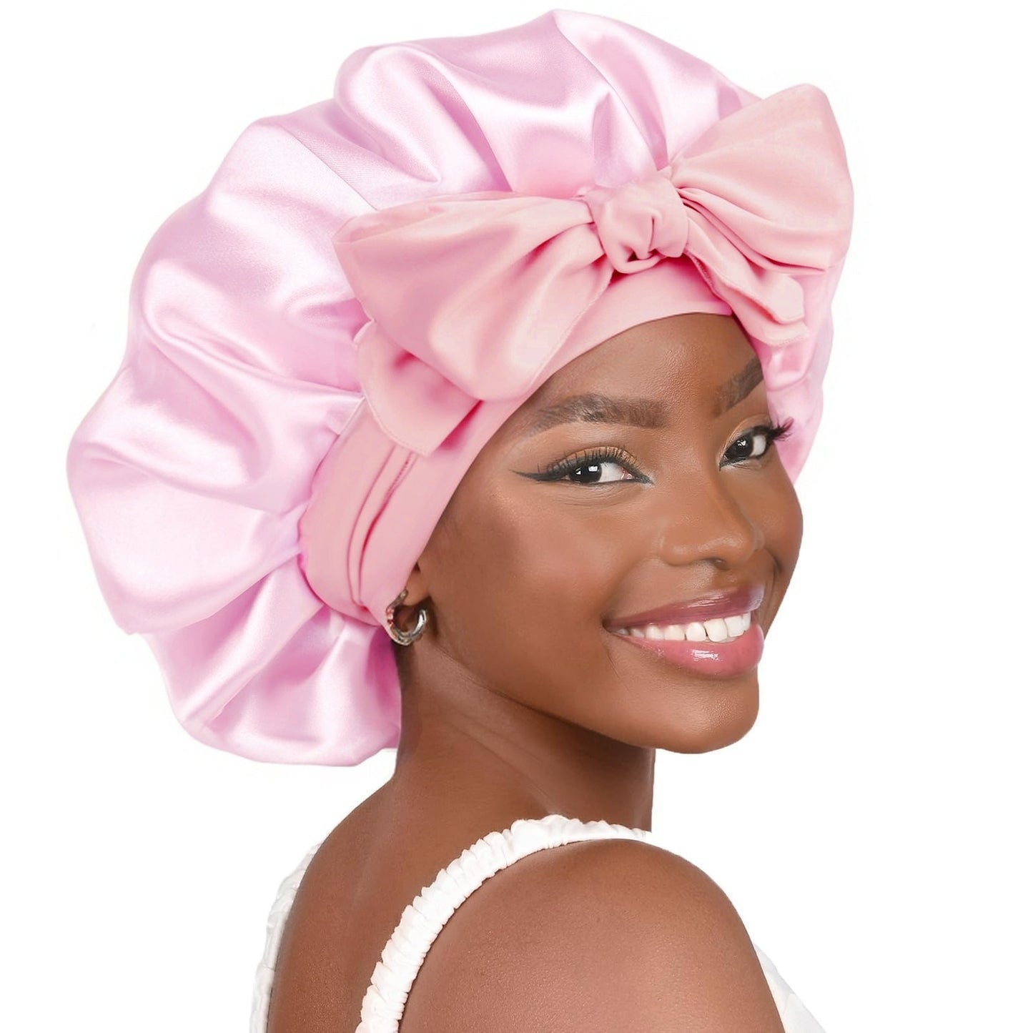Cross-Border Double-Layer Satin Ribbon Nightcap with Bow Tie Turban Beauty Hair Care Cap for Women Double-Sided Bonnet