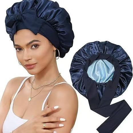 Cross-Border Double-Layer Satin Ribbon Nightcap with Bow Tie Turban Beauty Hair Care Cap for Women Double-Sided Bonnet