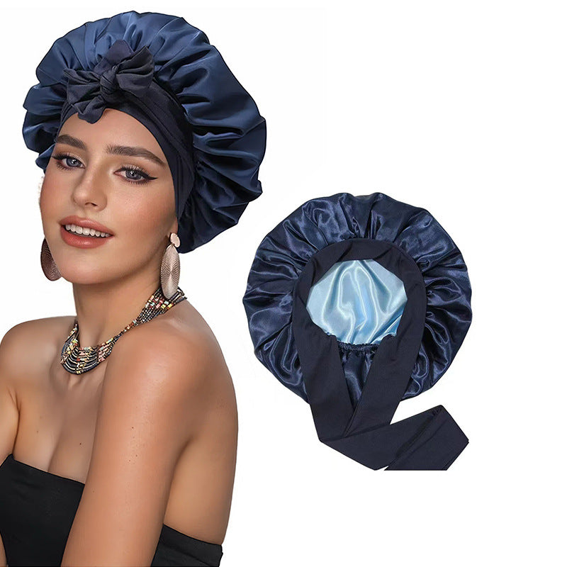Amazon Double Layer Nightcap Color Ding Hat Women's Elastic Wide-brimmed Hair Care Hat Shower Hat Turban Bow Ribbon Round Hat