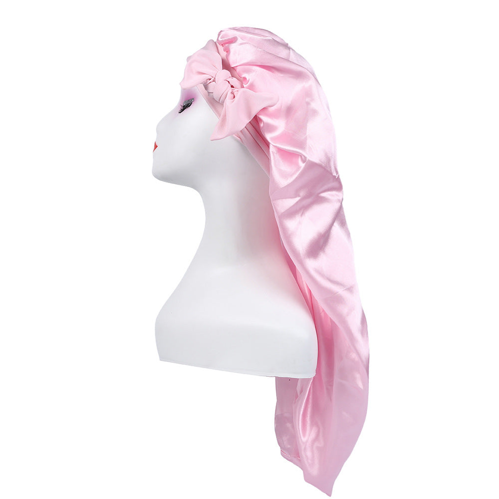 Amazon's New Women's Ribbon Long Hat Satin Nightcap Hairdressing Shower Cap Hair Care Cap Long Tail Turban Hat