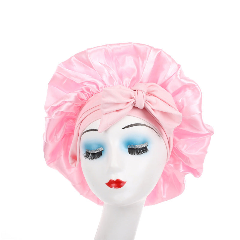 Cross-Border Popular Satin Ribbon Round Hat with Bow, Imitation Silk Beauty and Hair Care Wide-Brimmed Hat, Single-Layer Satin Sleep Cap