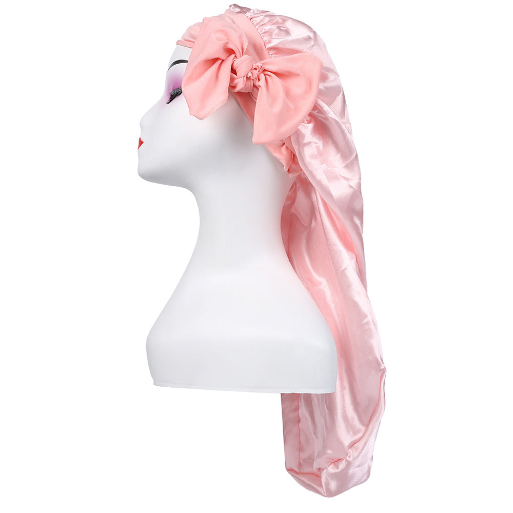 Amazon's New Women's Ribbon Long Hat Satin Nightcap Hairdressing Shower Cap Hair Care Cap Long Tail Turban Hat