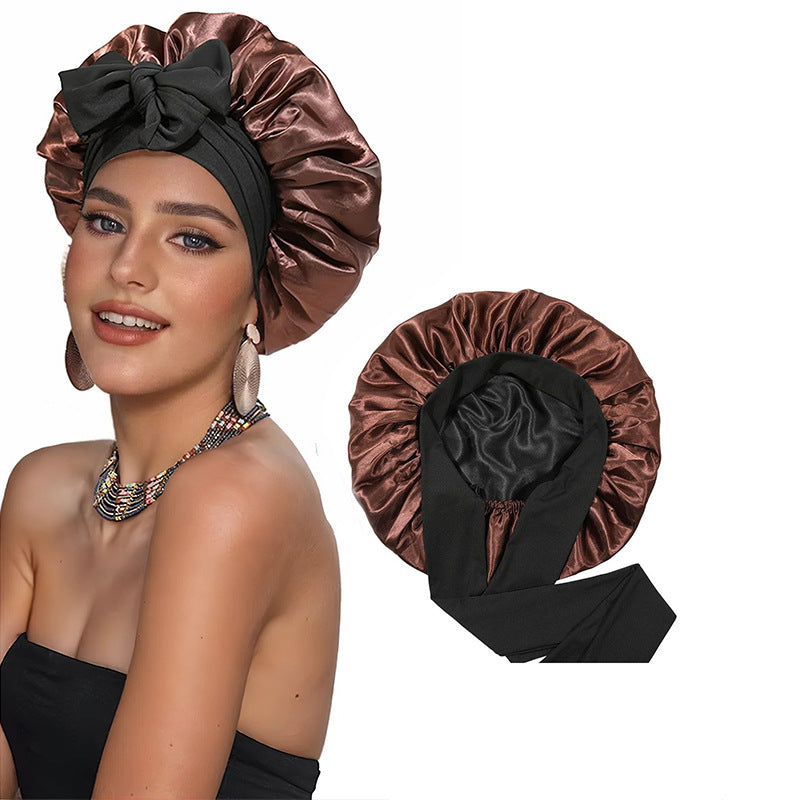 Amazon Double Layer Nightcap Color Ding Hat Women's Elastic Wide-brimmed Hair Care Hat Shower Hat Turban Bow Ribbon Round Hat