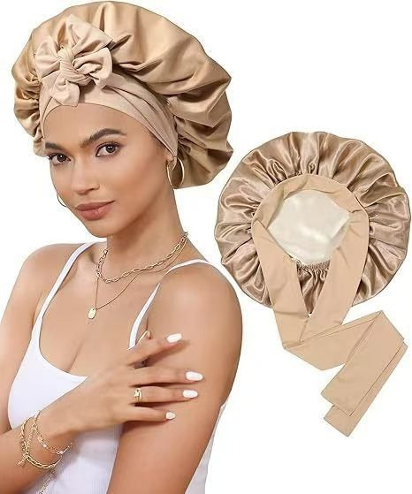 Cross-Border Double-Layer Satin Ribbon Nightcap with Bow Tie Turban Beauty Hair Care Cap for Women Double-Sided Bonnet