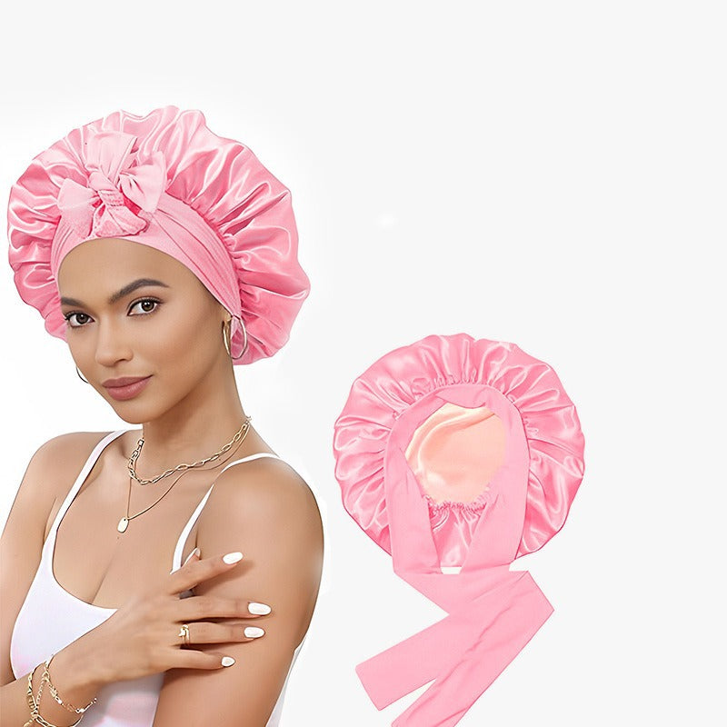 Cross-Border Double-Layer Satin Ribbon Nightcap with Bow Tie Turban Beauty Hair Care Cap for Women Double-Sided Bonnet
