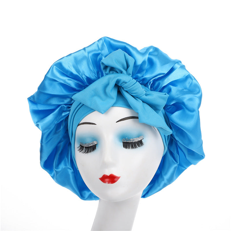 Cross-Border Popular Satin Ribbon Round Hat with Bow, Imitation Silk Beauty and Hair Care Wide-Brimmed Hat, Single-Layer Satin Sleep Cap
