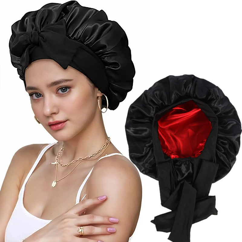Amazon Double Layer Nightcap Color Ding Hat Women's Elastic Wide-brimmed Hair Care Hat Shower Hat Turban Bow Ribbon Round Hat