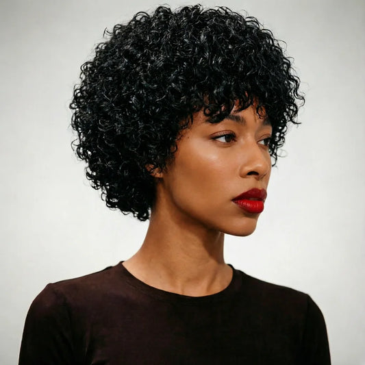 Human Hair Wig Black Kinky Curly Wig with Bangs Density180% Machine Made Breathable Cap Natural Looking for Women Daily Casual