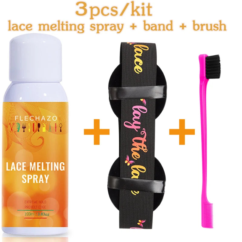 Lace Bond Lace Melt Spray 100Ml Natural Hairline Blend Lace Melting Holding Spray + Lace Melt Band With Ear Muffs + Edges Brush
