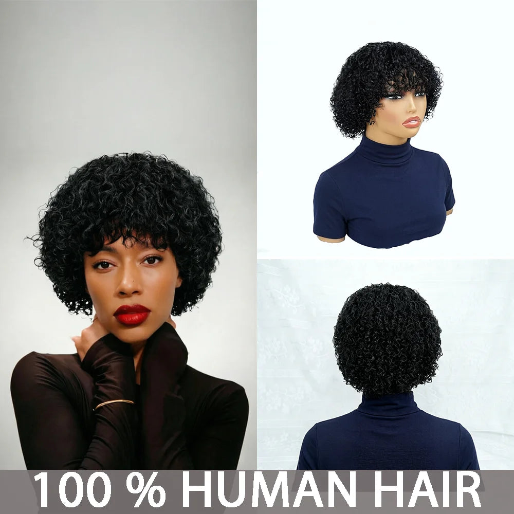Human Hair Wig Black Kinky Curly Wig with Bangs Density180% Machine Made Breathable Cap Natural Looking for Women Daily Casual