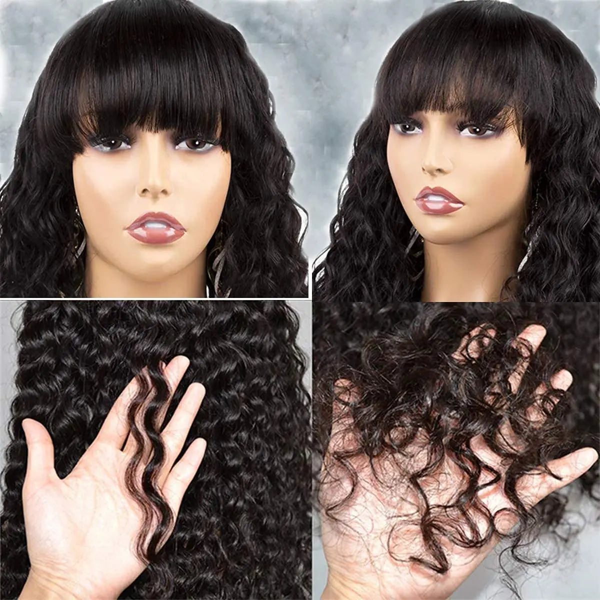 Water Wave Huma Hair Wig With Bangs 180% Density