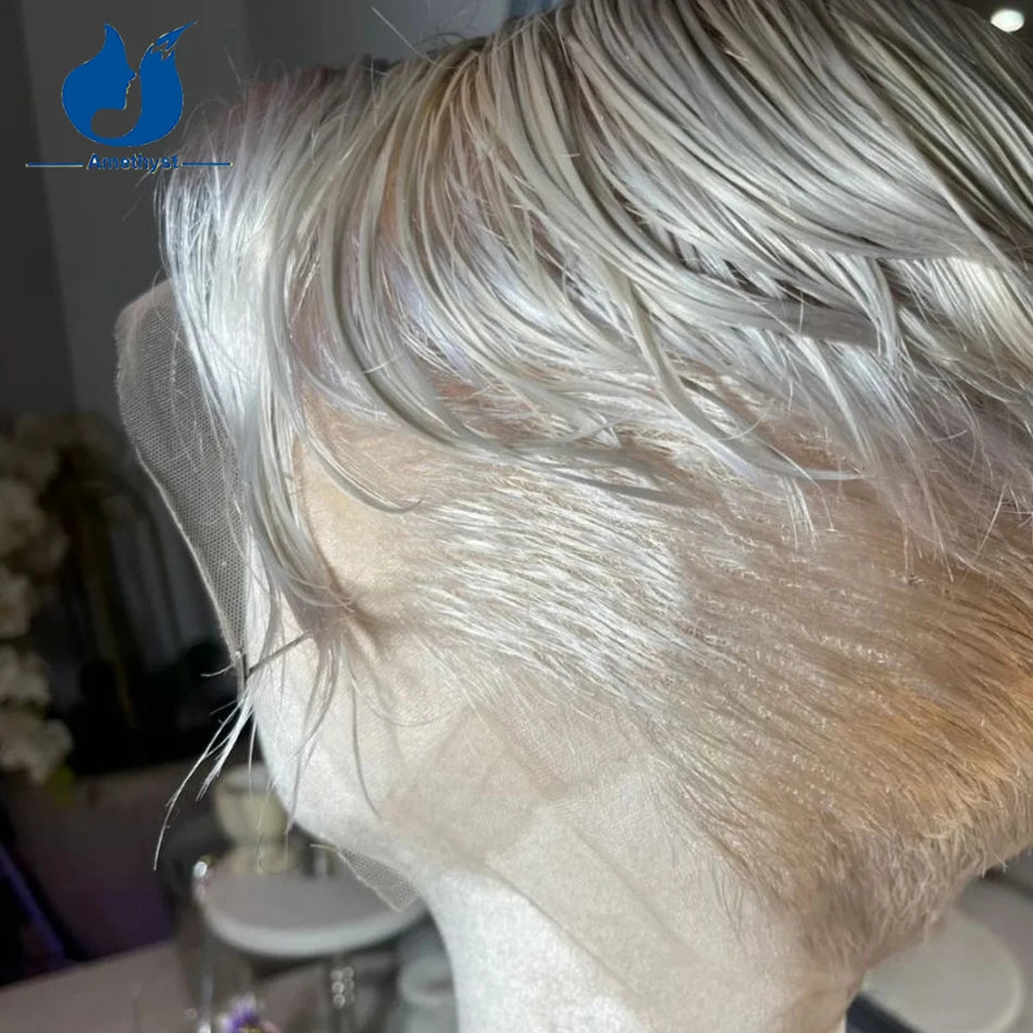 Amethyst White Platinum Blonde Short Pixie Cut Wig Brazilian Remy Hair Full Lace Wig Pre Plucked with Sideburns for Men #60