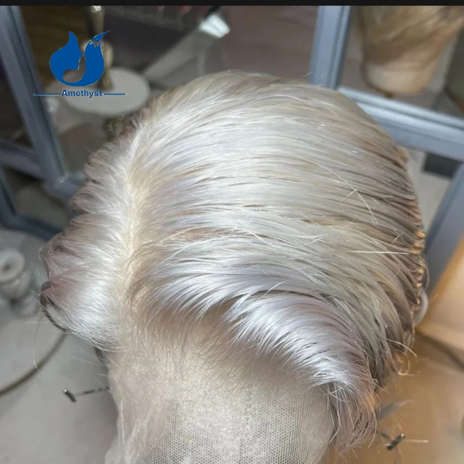 Amethyst White Platinum Blonde Short Pixie Cut Wig Brazilian Remy Hair Full Lace Wig Pre Plucked with Sideburns for Men #60