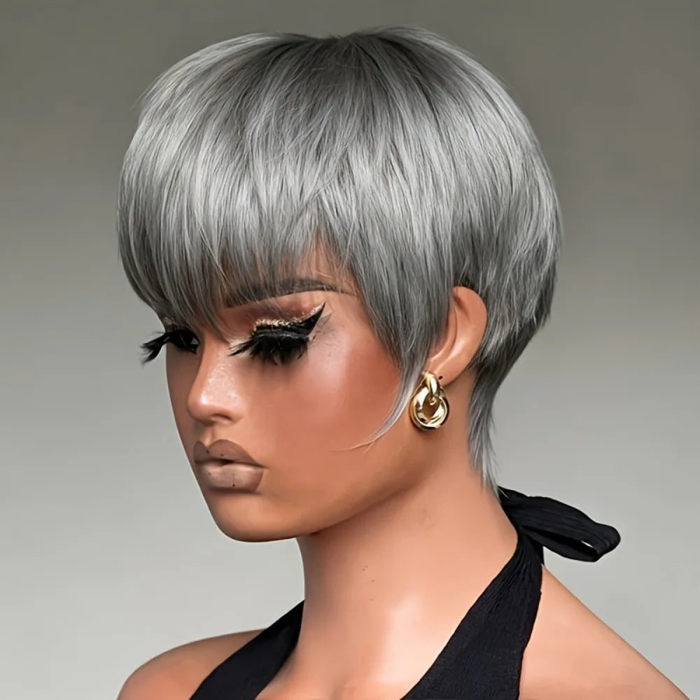 Human Hair Wig - Short 6-Inch Pixie with Grey# Color, 150% Density Natural Look,full machine made wig for Casual Attire & for ha