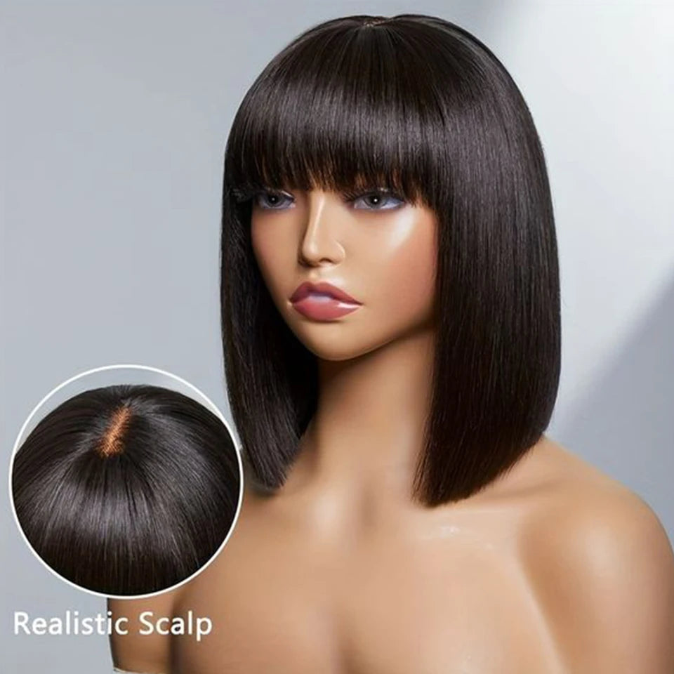 Straight Bob Lace Wigs Glueless Straight Human Hair Wigs With Bangs Brazilian Fringe Middle Part Bob Lace Wigs Realistic Scalp