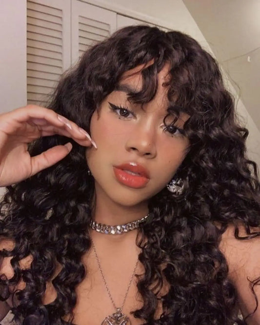 Water Wave Huma Hair Wig With Bangs 180% Density