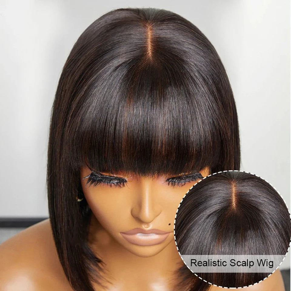 Straight Bob Lace Wigs Glueless Straight Human Hair Wigs With Bangs Brazilian Fringe Middle Part Bob Lace Wigs Realistic Scalp