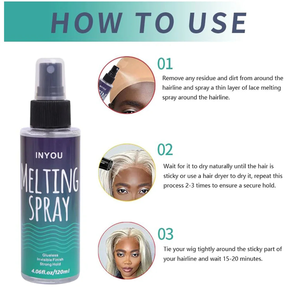 120MLLace Melting and Holding Spray Adhesives Remover Glue-Less Hair Adhesive for Wig Strong Natural Finishing Hold with Control