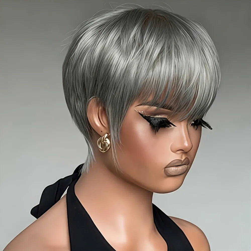 Human Hair Wig - Short 6-Inch Pixie with Grey# Color, 150% Density Natural Look,full machine made wig for Casual Attire & for ha