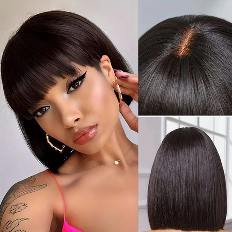 Straight Bob Lace Wigs Glueless Straight Human Hair Wigs With Bangs Brazilian Fringe Middle Part Bob Lace Wigs Realistic Scalp