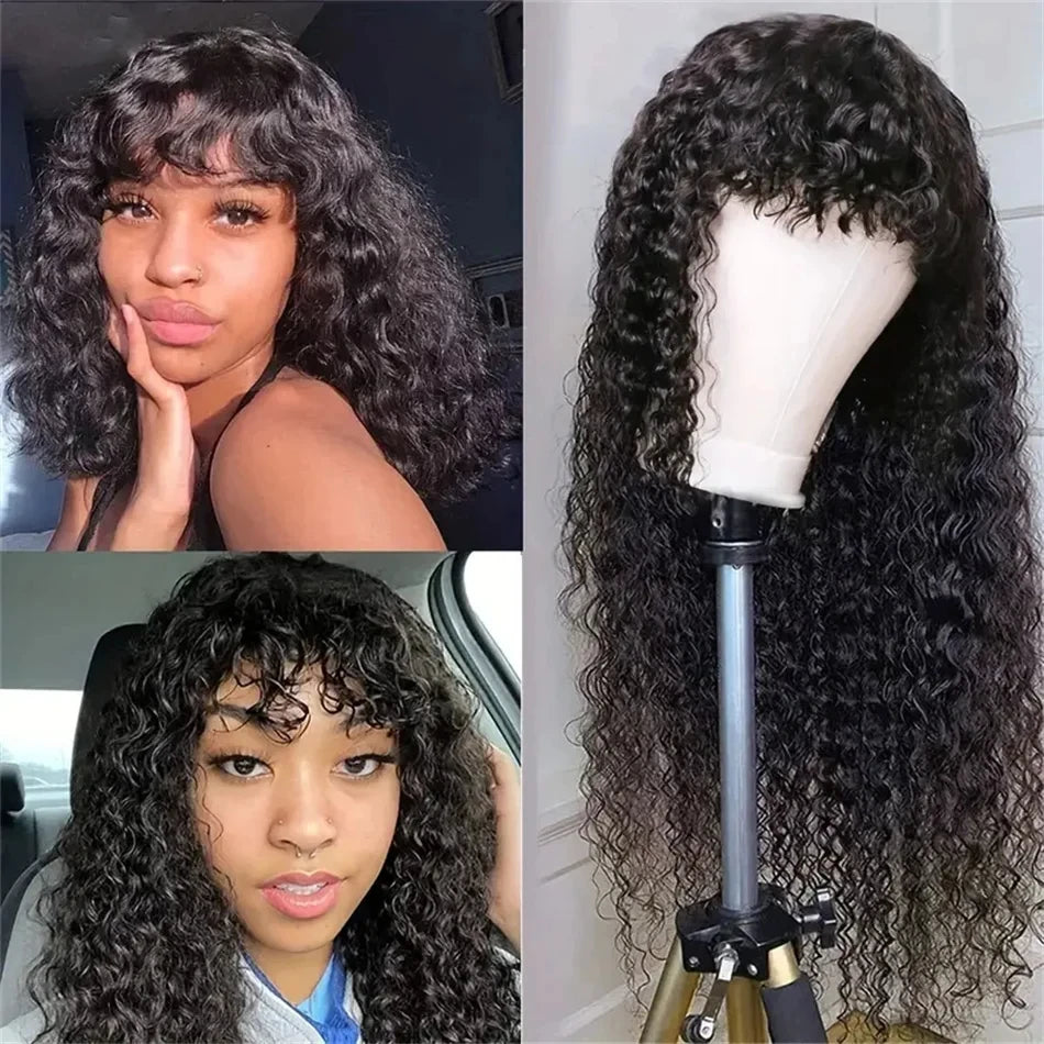Water Wave Huma Hair Wig With Bangs 180% Density