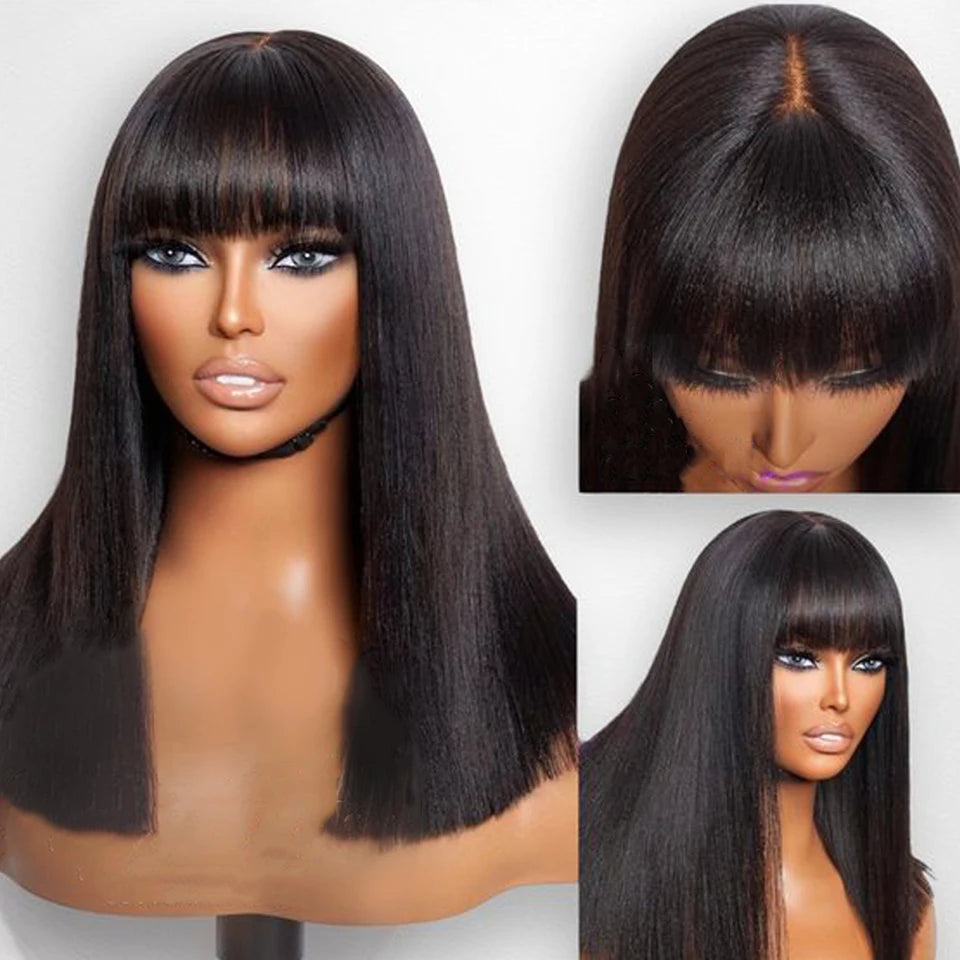 Straight Bob Lace Wigs Glueless Straight Human Hair Wigs With Bangs Brazilian Fringe Middle Part Bob Lace Wigs Realistic Scalp