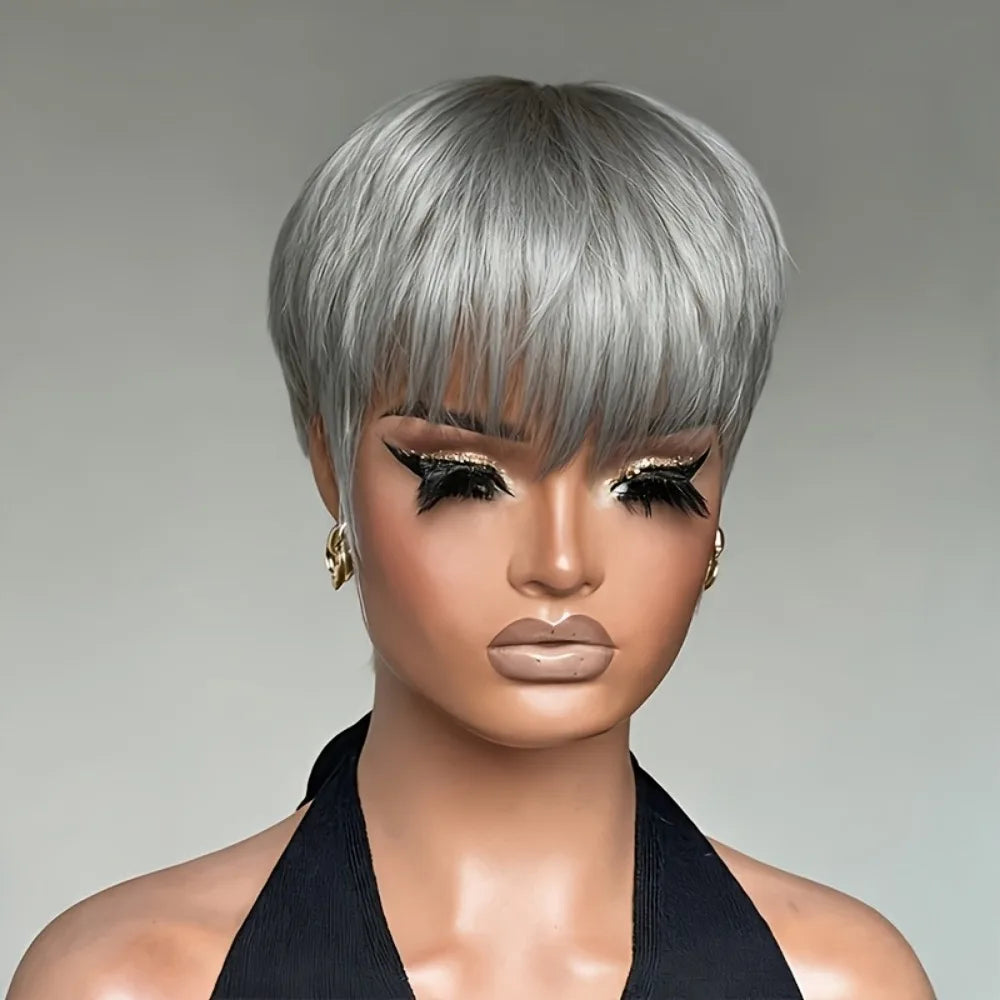 Human Hair Wig - Short 6-Inch Pixie with Grey# Color, 150% Density Natural Look,full machine made wig for Casual Attire & for ha