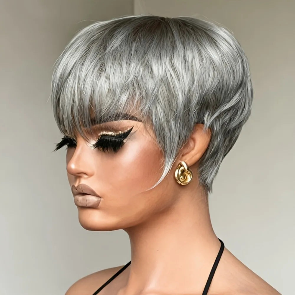 Human Hair Wig - Short 6-Inch Pixie with Grey# Color, 150% Density Natural Look,full machine made wig for Casual Attire & for ha