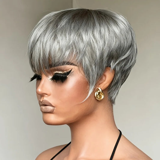 Human Hair Wig - Short 6-Inch Pixie with Grey# Color, 150% Density Natural Look,full machine made wig for Casual Attire & for ha