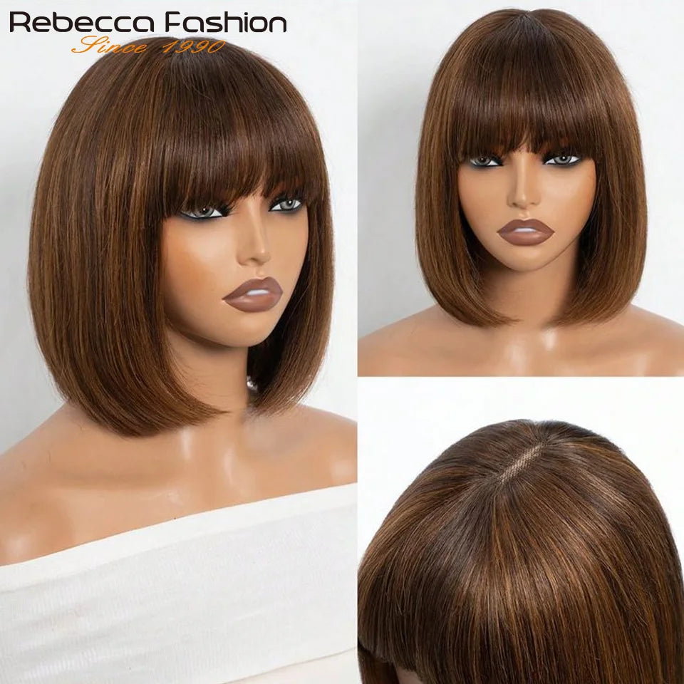 Straight Human Hair Wigs With Bangs Fringe Middle Part Bob Lace Wigs Realistic Scalp Brazilian Straight Bob Lace Wigs With Bangs