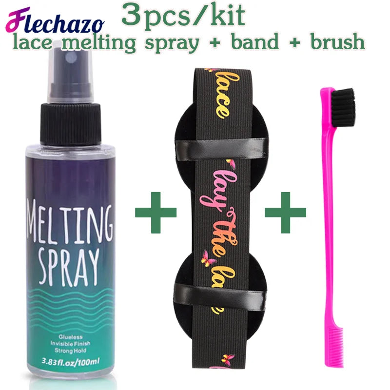 Lace Bond Lace Melt Spray 100Ml Natural Hairline Blend Lace Melting Holding Spray + Lace Melt Band With Ear Muffs + Edges Brush