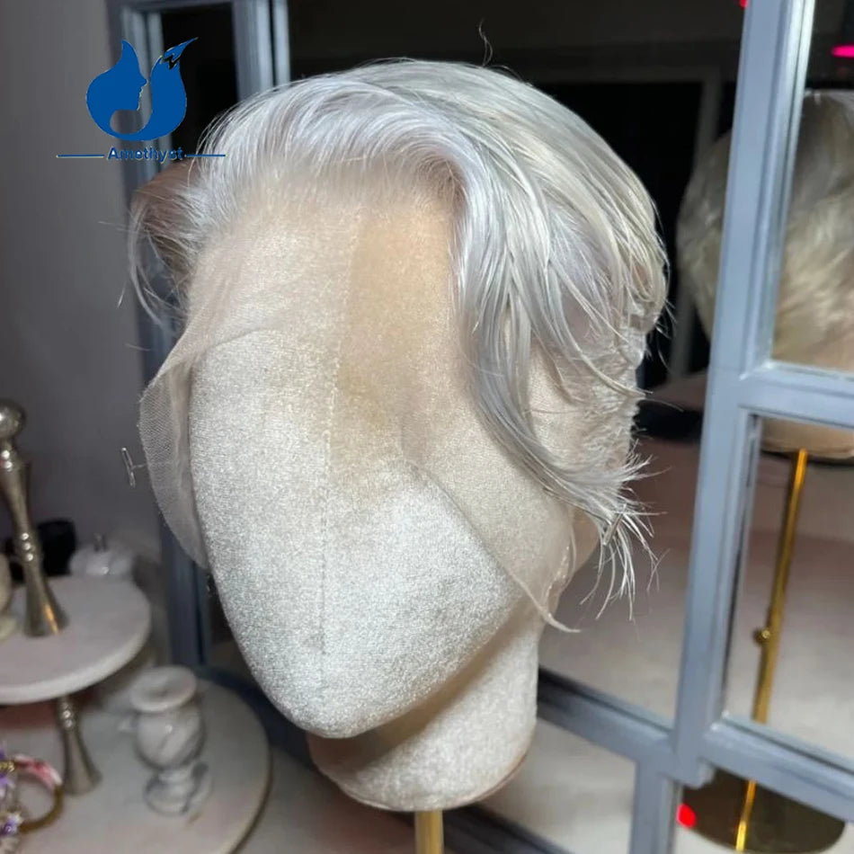 Amethyst White Platinum Blonde Short Pixie Cut Wig Brazilian Remy Hair Full Lace Wig Pre Plucked with Sideburns for Men #60