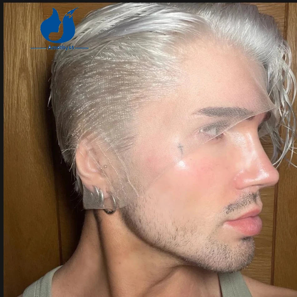 Amethyst White Platinum Blonde Short Pixie Cut Wig Brazilian Remy Hair Full Lace Wig Pre Plucked with Sideburns for Men #60