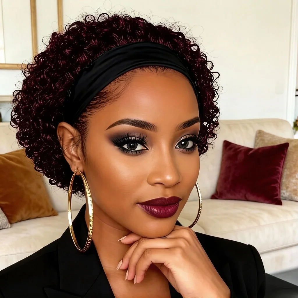 Women's Headband Human Hair Wig | Short Afro Water Wave Wig with Rose Net Cap | Ideal for Cosplay,full Machine Made