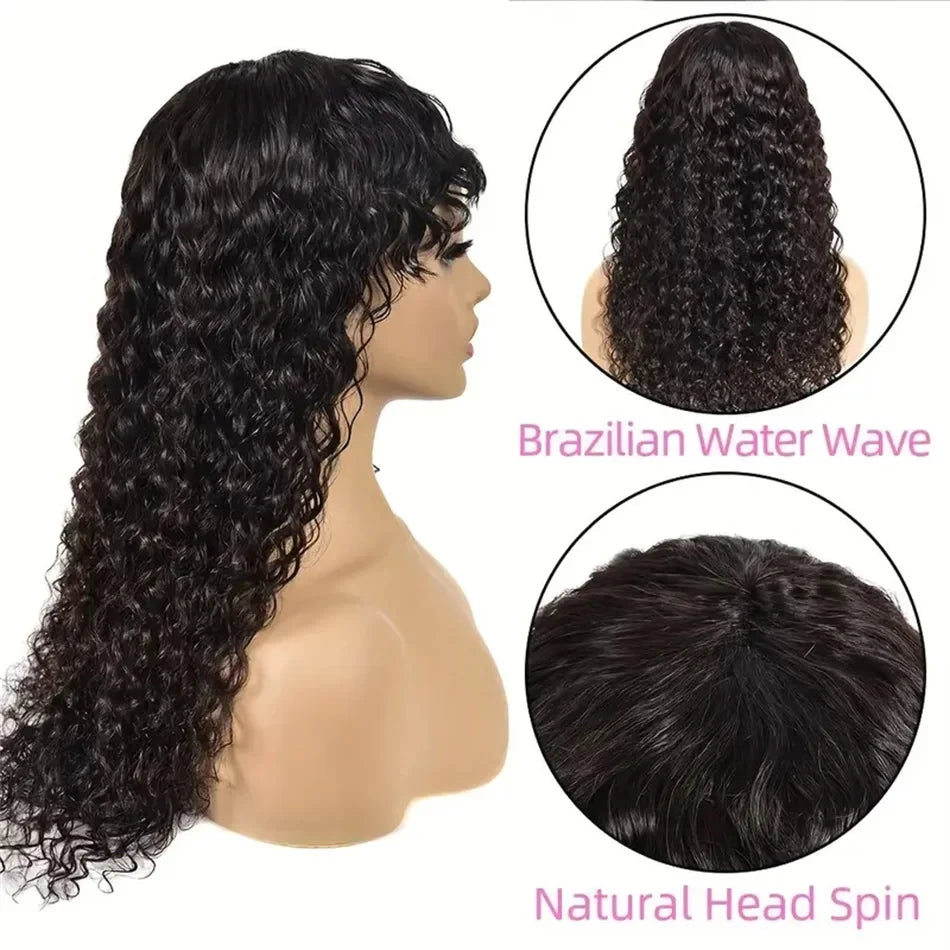 Water Wave Huma Hair Wig With Bangs 180% Density