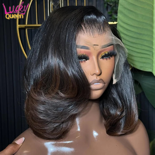 Real Human Hair Wig Body Wave Ombre Brown Colored Short Bob Hair 13x4 Lace Front Human Hair Wigs For Women  Upgrade Glueless