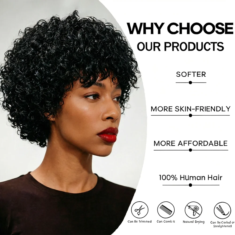 Human Hair Wig Black Kinky Curly Wig with Bangs Density180% Machine Made Breathable Cap Natural Looking for Women Daily Casual