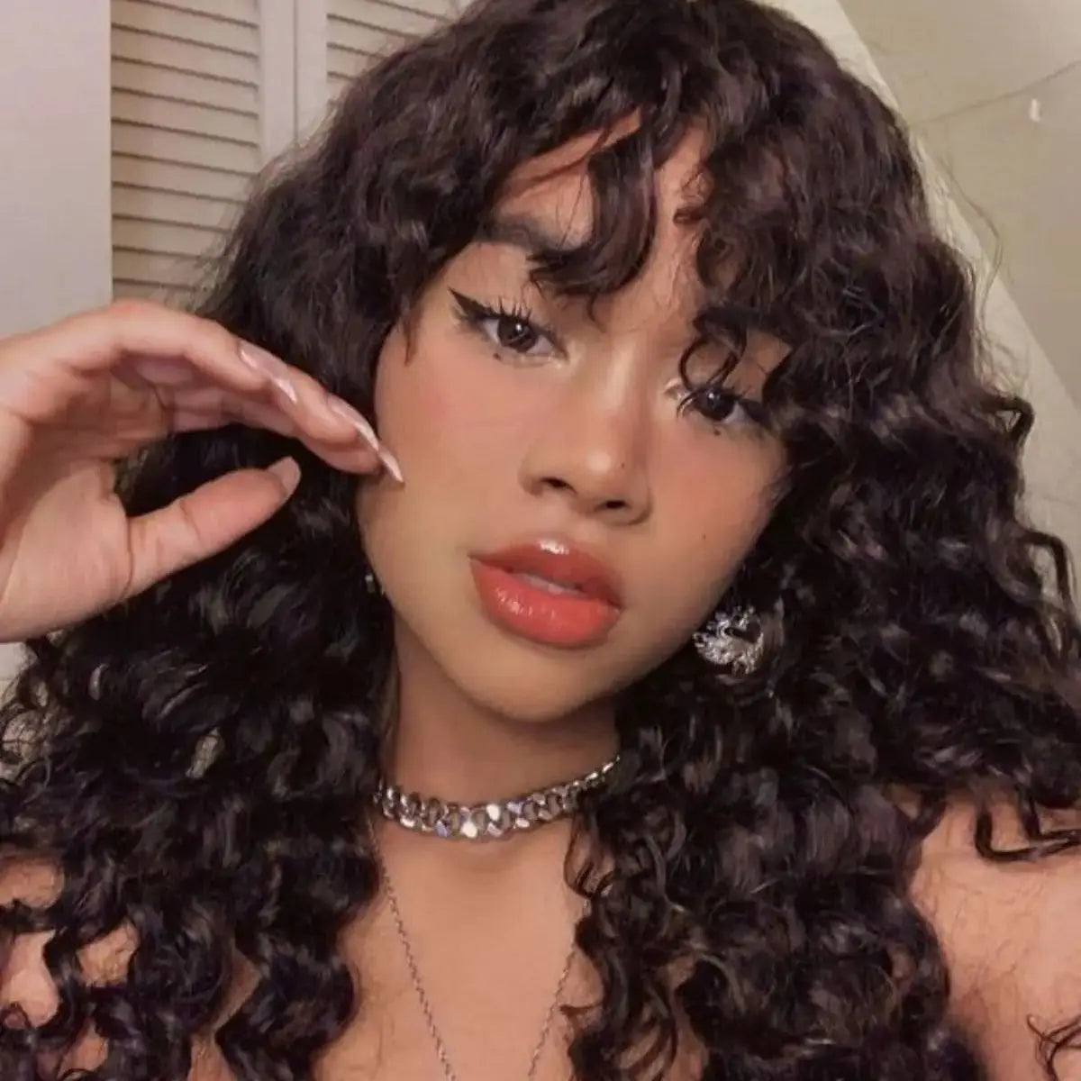 Water Wave Huma Hair Wig With Bangs 180% Density