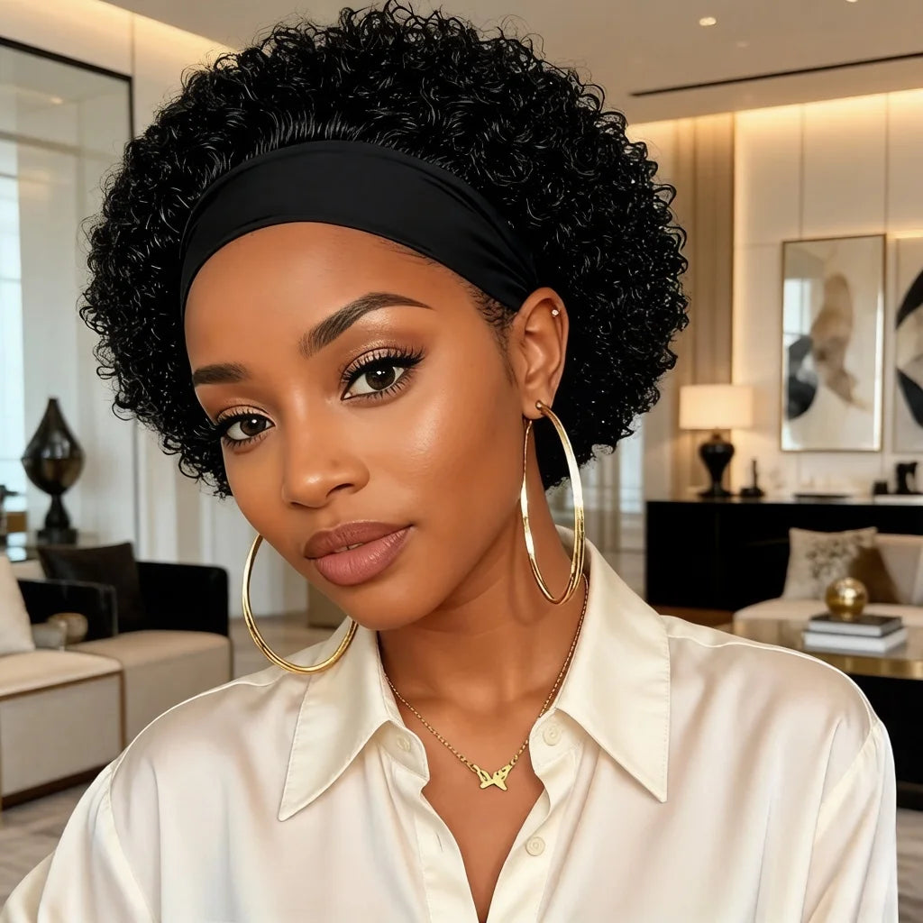 Women's Headband Human Hair Wig | Short Afro Water Wave Wig with Rose Net Cap | Ideal for Cosplay,full Machine Made